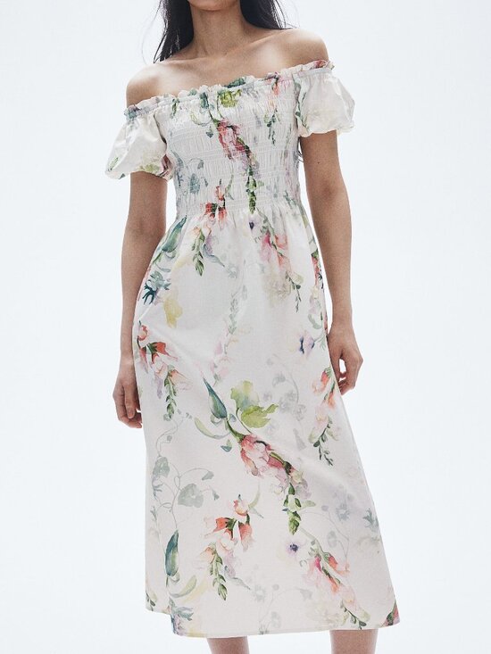 H&M Dresses & Skirts - H&M Sz L Floral Print Off the Shoulder Puff-Sleeve Smocked Poplin Midi Dress